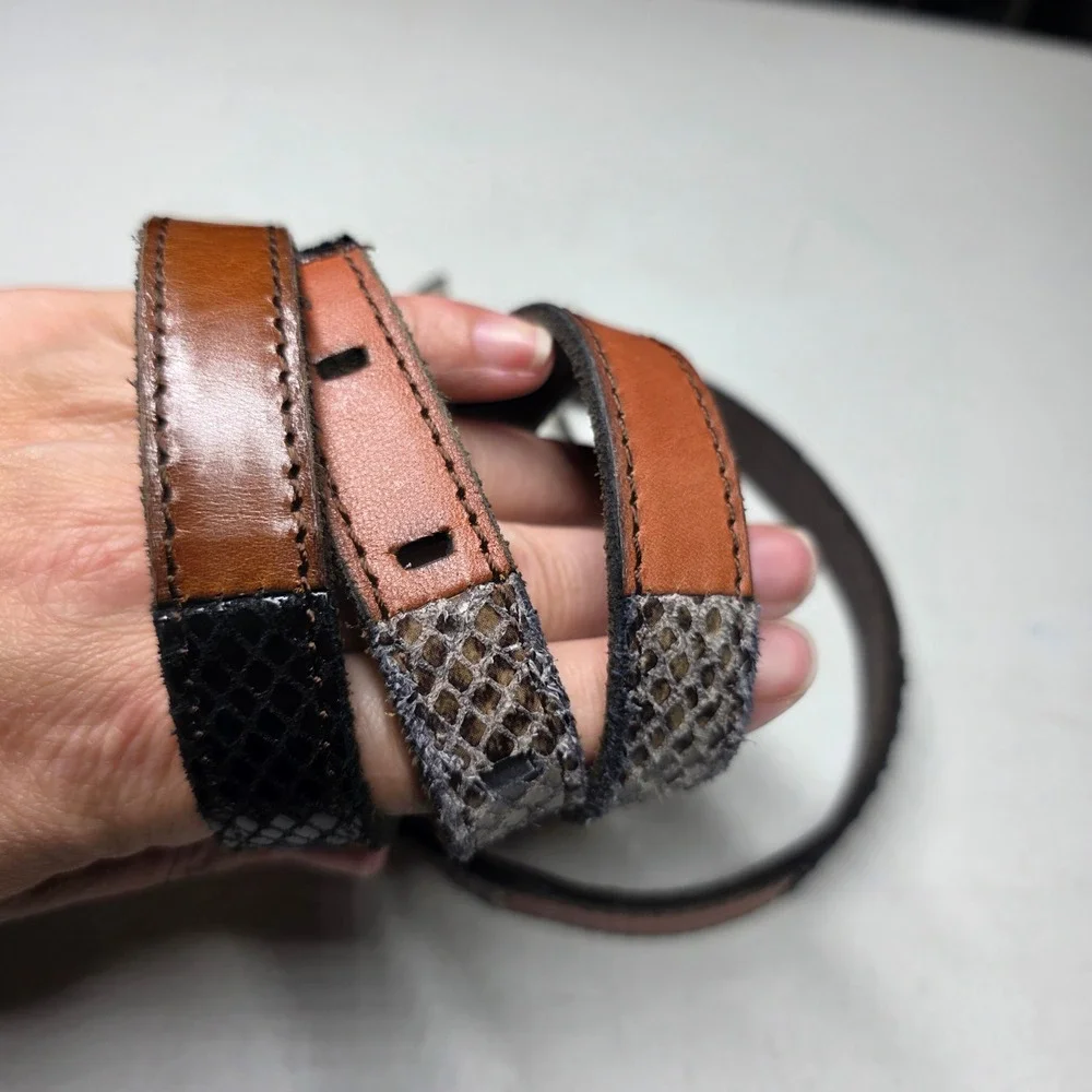 Fossil Snakeskin Patchwork Leather Skinny Belt Brown Tan Black Size Medium M